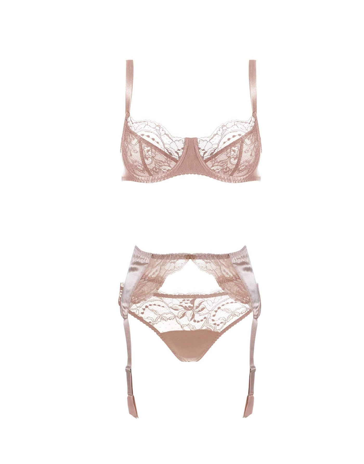 Front view of Blush Luxury Lace Balcony Bra, Thong & Suspender Belt lingerie set with floral detail by Fleur of England