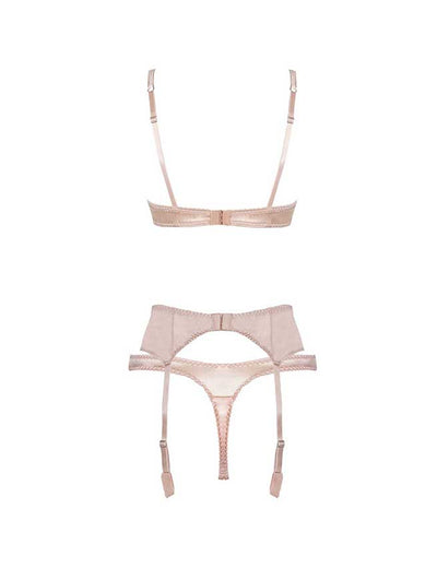 Fleur of England Signature Blush Lace Balcony Bra, Thong & Suspender Belt