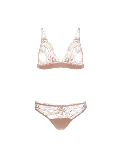 Front view of Luxury Blush Lace Boudoir Bra & Ouvert Brief lingerie set with floral detail by Fleur of England