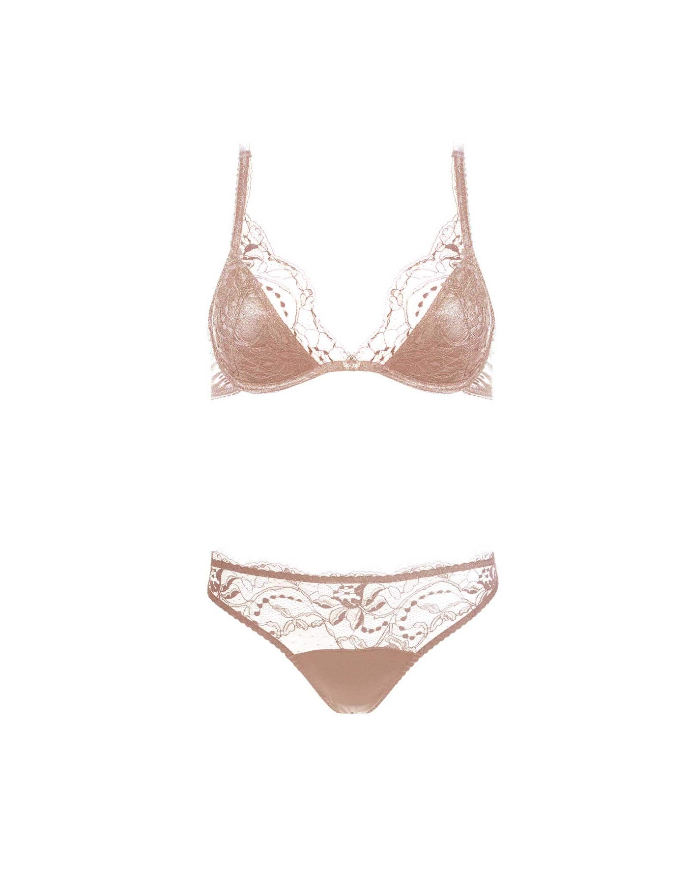 Front view of Blush Luxury Lace Padded Plunge Bra & Lace Brief lingerie set with floral detail by Fleur of England