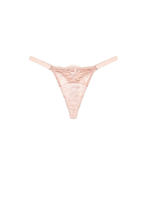 Front view of luxury Blush strap thong with French eyelash lace and a cotton-lined silk gusset by Fleur of England