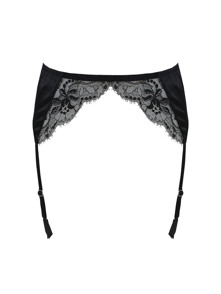 Luxury Silk & Lace Suspender Belt - Black  Fleur of England