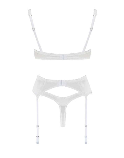 Fleur of England Signature White Lace Balcony Bra, Thong & Suspender Belt