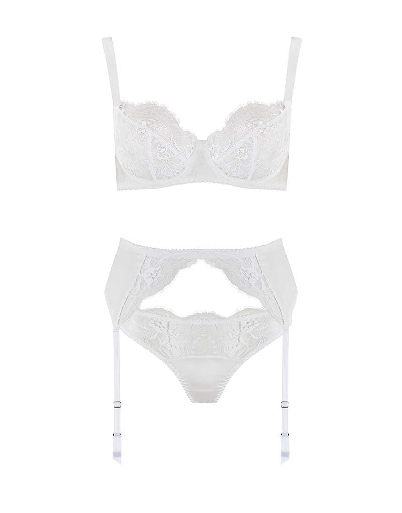 Front view of white Luxury Lace Balcony Bra, Thong & Suspender Belt lingerie set with floral detail by Fleur of England