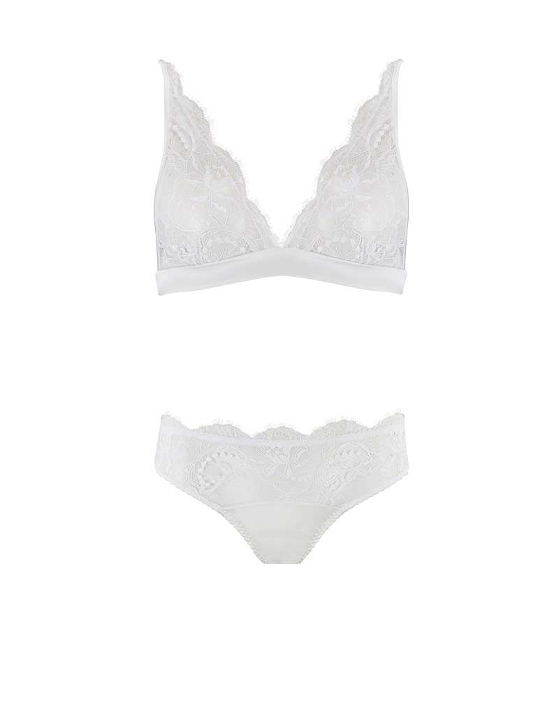 Front view of Luxury White Lace Boudoir Bra & Ouvert Brief lingerie set with floral detail by Fleur of England