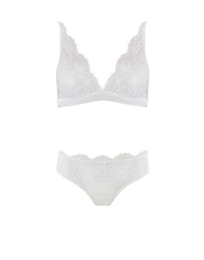 Front view of Luxury White Lace Boudoir Bra & Ouvert Brief lingerie set with floral detail by Fleur of England