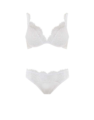 Front view of White Luxury Lace Padded Plunge Bra & Lace Brief lingerie set with floral detail by Fleur of England