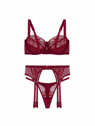 Fleur of England Simone lace Balcony Bra, Thong & suspender set
