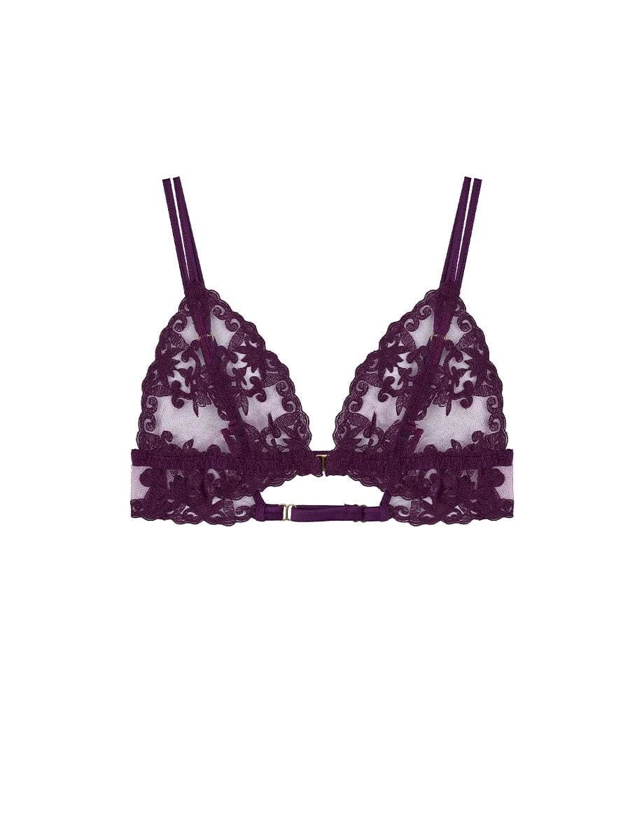 Front view of FleurOfEngland Purple Embroidered Luxury Wireless Boudoir Triangle Bra