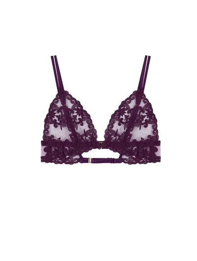 Front view of FleurOfEngland Purple Embroidered Luxury Wireless Boudoir Triangle Bra