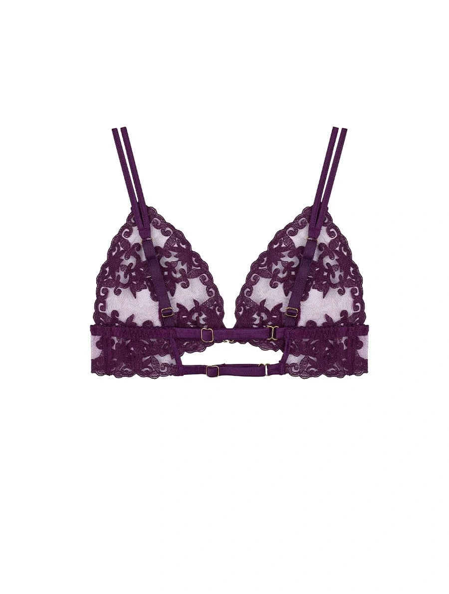 Back view of FleurOfEngland Purple Embroidered Luxury Wireless Boudoir Triangle Bra