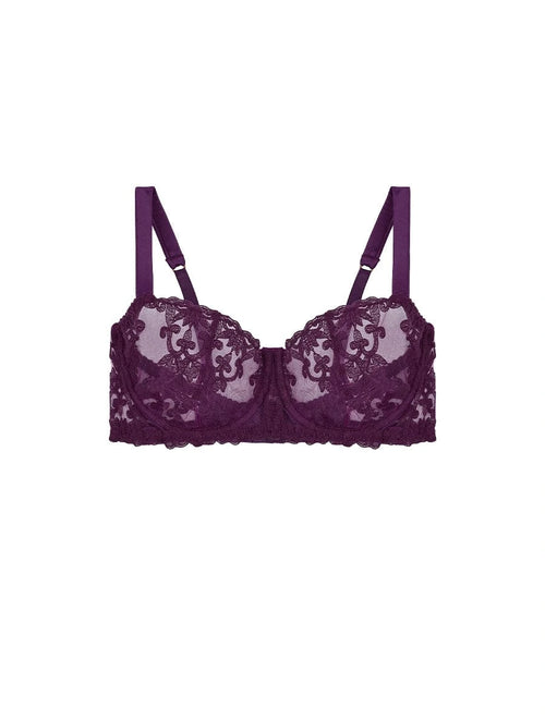 Front view of FleurOfEngland Purple Embroidered Luxury Underwired Balcony Bra