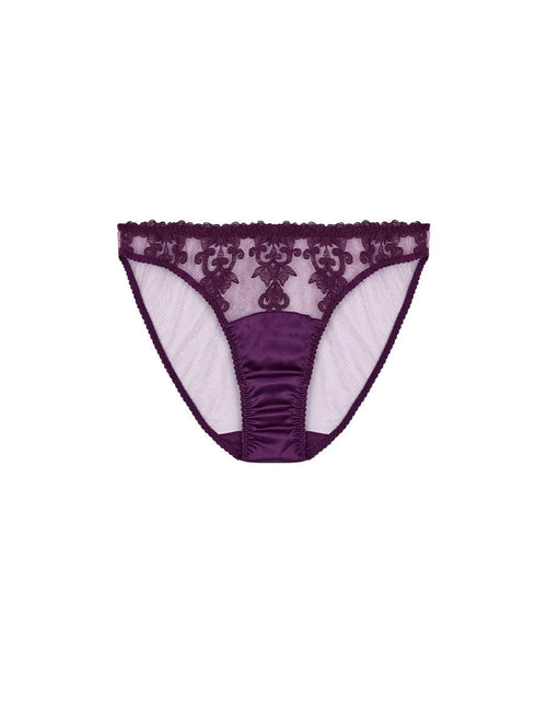 Front view of FleurOfEngland Purple Luxury Embroidered & Silk Mesh Back Brief