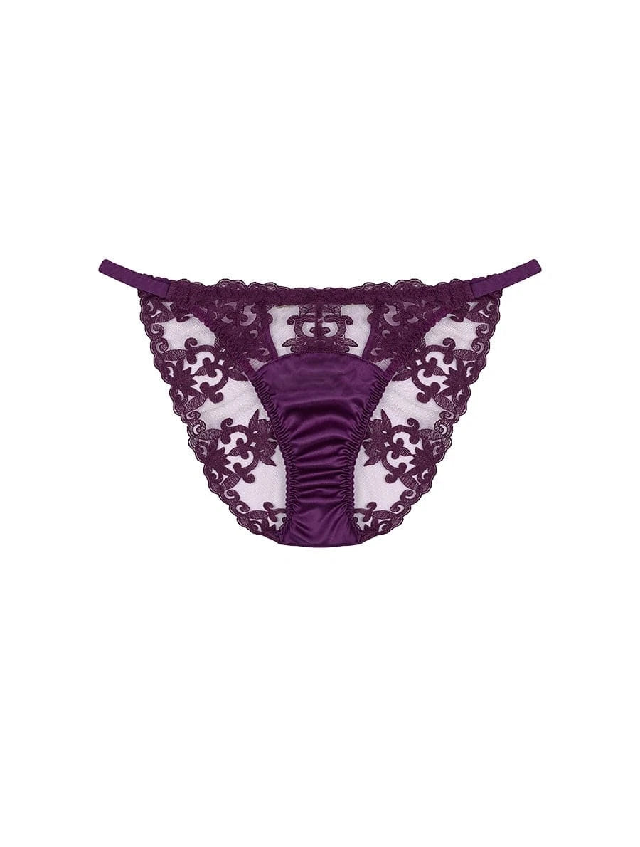 Front view of FleurOfEngland Purple Luxury Embroidered & Silk Open Back Brief