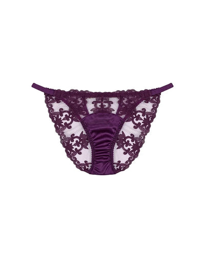 Front view of FleurOfEngland Purple Luxury Embroidered & Silk Open Back Brief