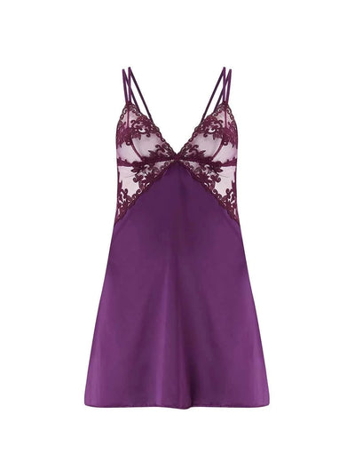 Front view of FleurOfEngland Purple Luxury Embroidered & Silk Triangle Cup Babydoll