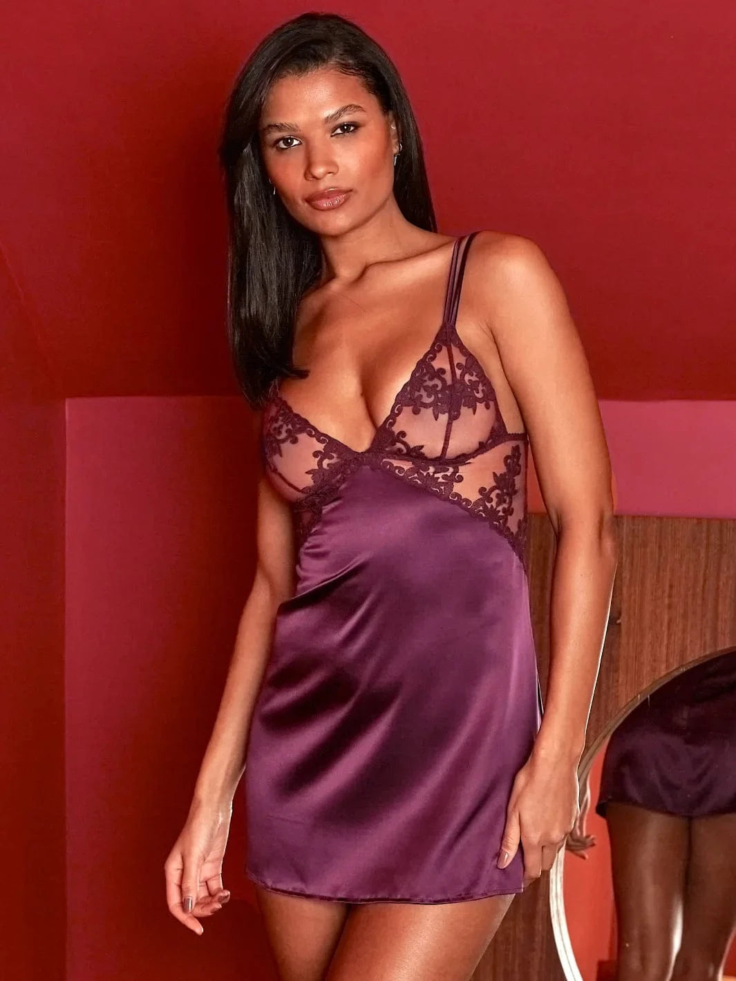 Front view of Model wears FleurOfEngland Purple Luxury Embroidered & Silk Triangle Cup Babydoll