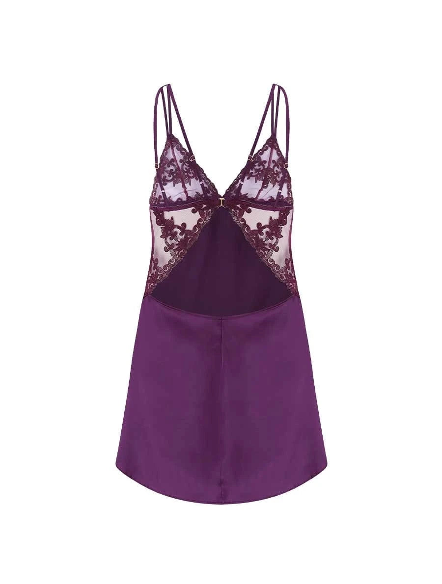 Back view of FleurOfEngland Purple Luxury Embroidered & Silk Triangle Cup Babydoll