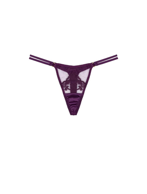 Front view of FleurOfEngland Purple Luxury Embroidered and Silk Double Strap Thong