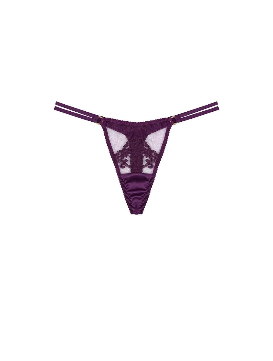 Front view of FleurOfEngland Purple Luxury Embroidered and Silk Double Strap Thong
