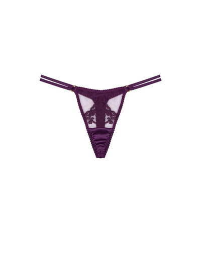 Front view of FleurOfEngland Purple Luxury Embroidered and Silk Double Strap Thong