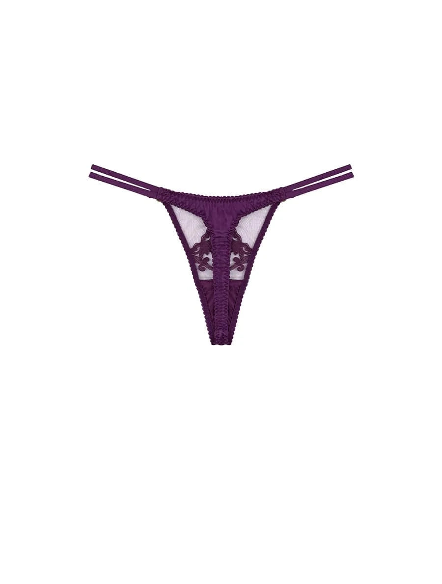 Back view of FleurOfEngland Purple Luxury Embroidered and Silk Double Strap Thong