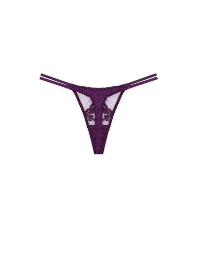 Back view of FleurOfEngland Purple Luxury Embroidered and Silk Double Strap Thong