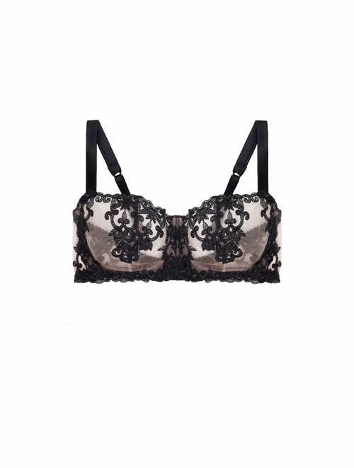 Front view of Luxury Onyx balcony bra with intricate embroidery and supportive underwire by Fleur of England