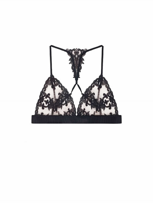 Front view of the luxury Boudoir Bra with hand-drawn embroidered cups and a dramatic back detail by Fleur of England