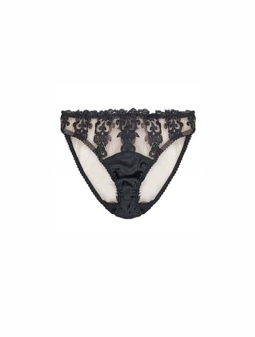 Front view of luxury Onyx brief with bold Onyx embroidery and sheer Italian tulle by Fleur of England