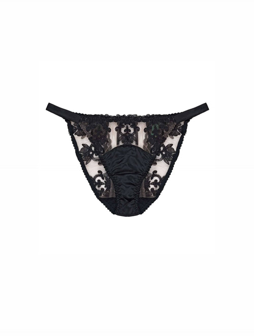 Front view of the Onyx Ouvert Brief with bespoke embroidery and peephole cut-out by Fleur of England