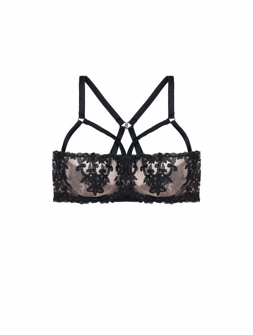 Front view of the luxury Onyx Strap balcony bra with silk-encased straps & intricate embroidery by Fleur of England