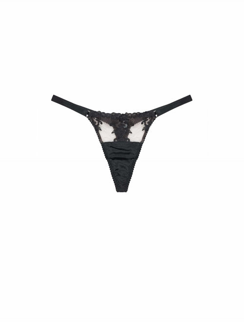 Front view of Luxury Onyx Strap silk thong with intricate embroidery by Fleur of England