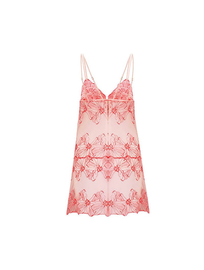 Back view of luxury Pink and Red Floral Design tulle mid-length Babydoll by Fleur of England