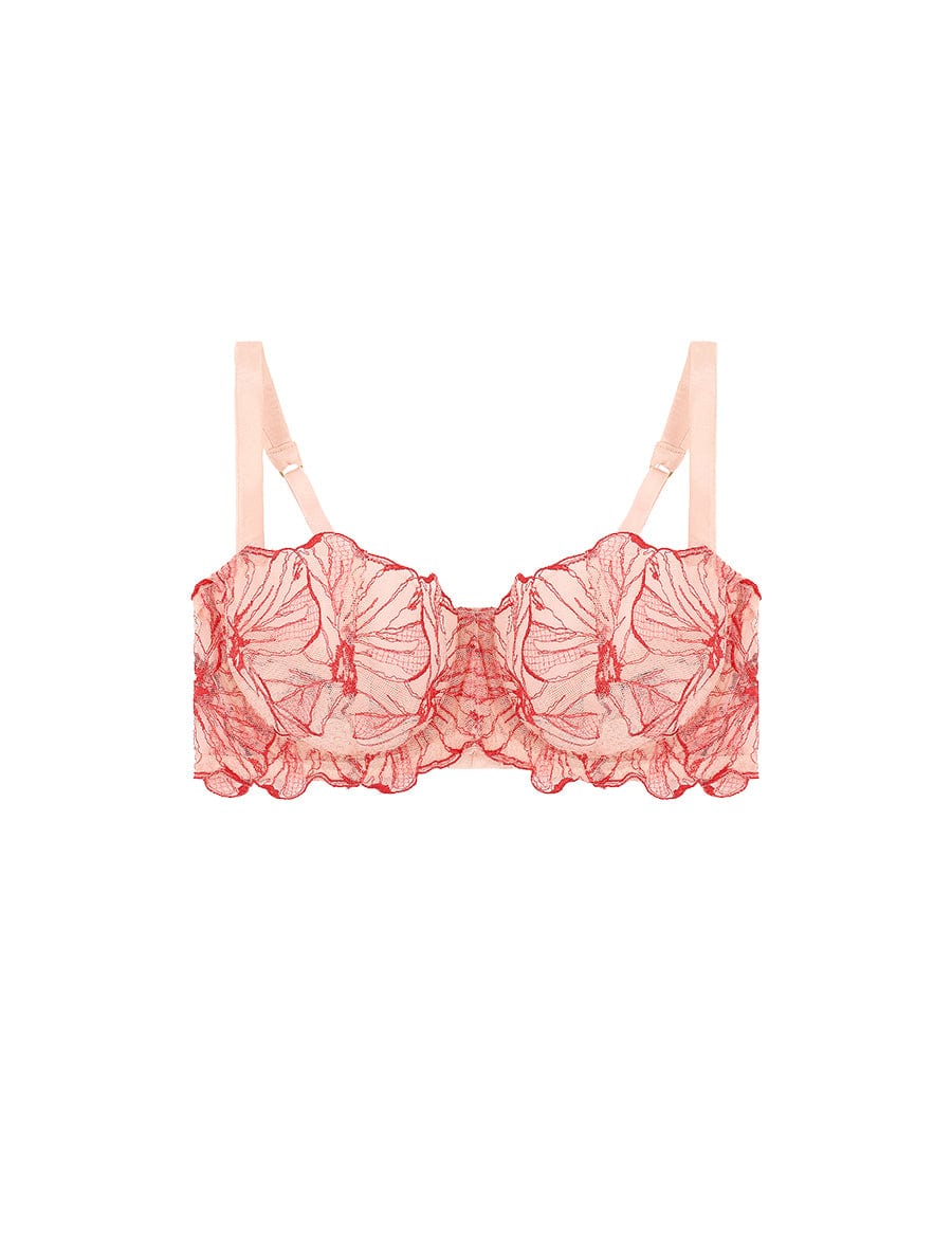 Front view of luxury Pink and Red Floral Design Silk and Tulle Underwired Balcony Bra by Fleur of England