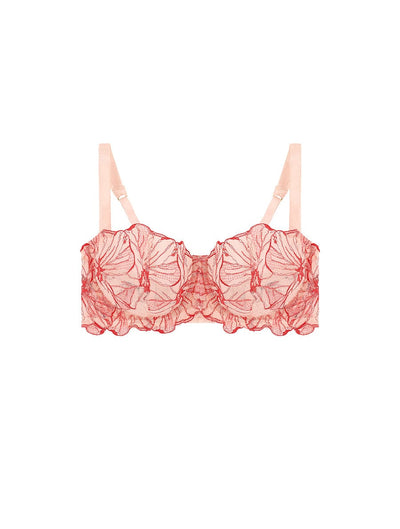 Front view of luxury Pink and Red Floral Design Silk and Tulle Underwired Balcony Bra by Fleur of England