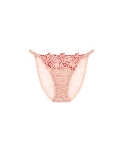 Front view of luxury Pink and Red Floral Design Silk and Tulle sheer back brief by Fleur of England