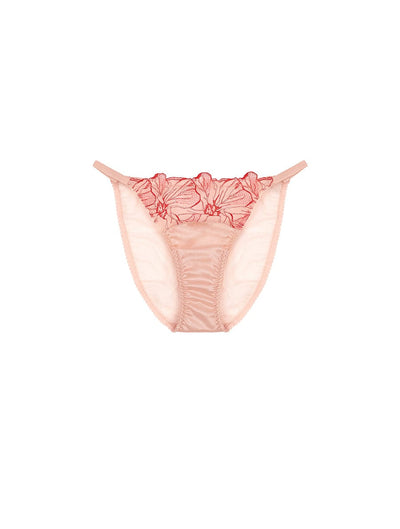 Front view of luxury Pink and Red Floral Design Silk and Tulle sheer back brief by Fleur of England