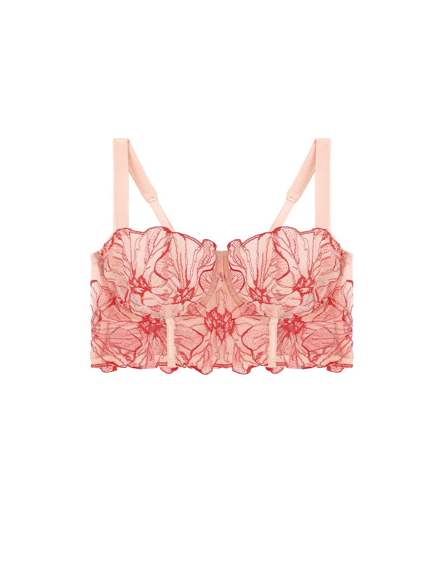 Front view of luxury Pink and Red Floral Design Silk and Tulle Longline Underwired Bra by Fleur of England