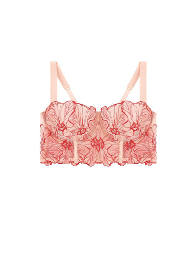 Front view of luxury Pink and Red Floral Design Silk and Tulle Longline Underwired Bra by Fleur of England