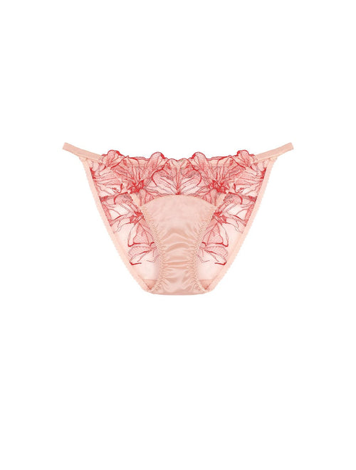 Front view of luxury Pink and Red Floral Design Silk and Tulle Open Back Brief  by Fleur of England