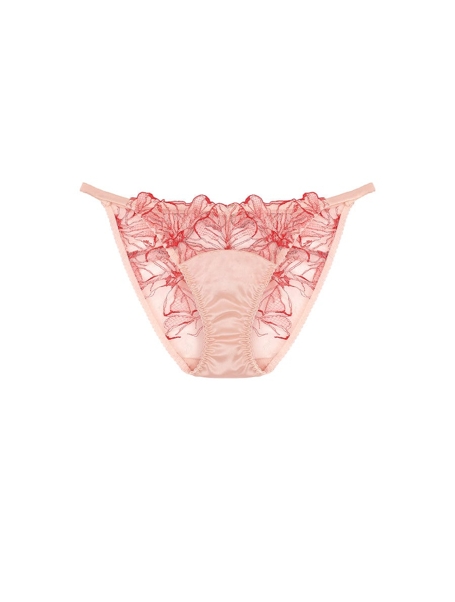 Front view of luxury Pink and Red Floral Design Silk and Tulle Open Back Brief  by Fleur of England