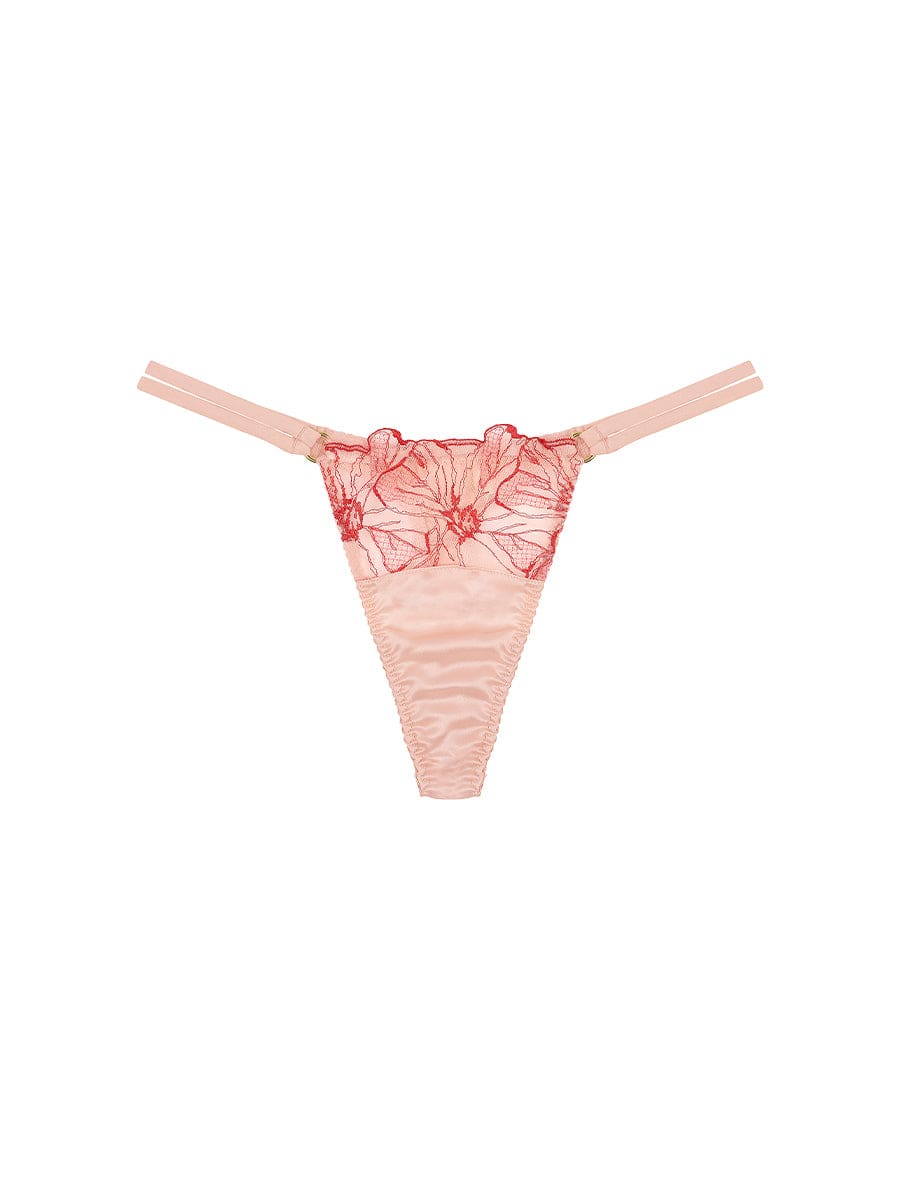 Front view of luxury Pink and Red Floral Design Silk and Tulle Double side Strap Thong by Fleur of England