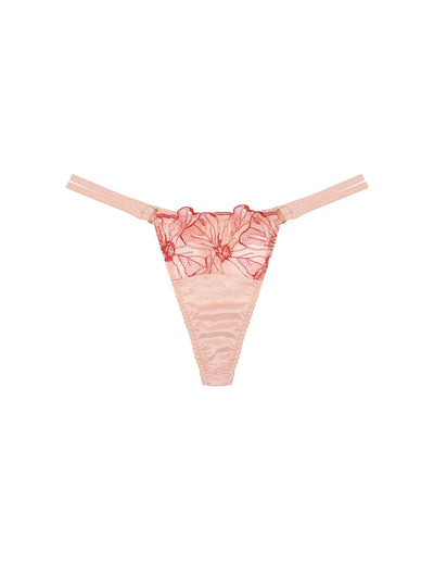 Front view of luxury Pink and Red Floral Design Silk and Tulle Double side Strap Thong by Fleur of England