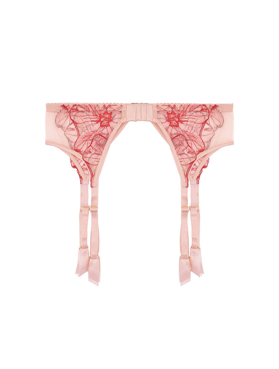 Back view of luxury Pink and Red Floral Design Silk and Tulle Suspender Belt by Fleur of England