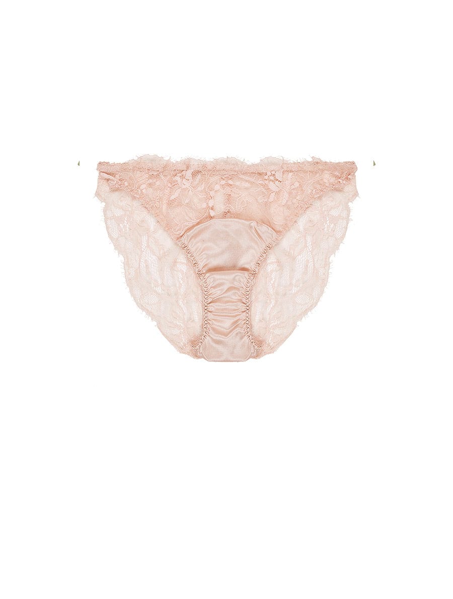 Front view of Luxury Blush soft silk brief with intricate floral lace detailing by Fleur of England