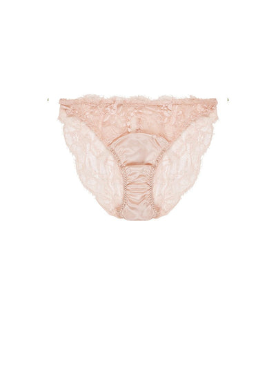 Front view of Luxury Blush soft silk brief with intricate floral lace detailing by Fleur of England