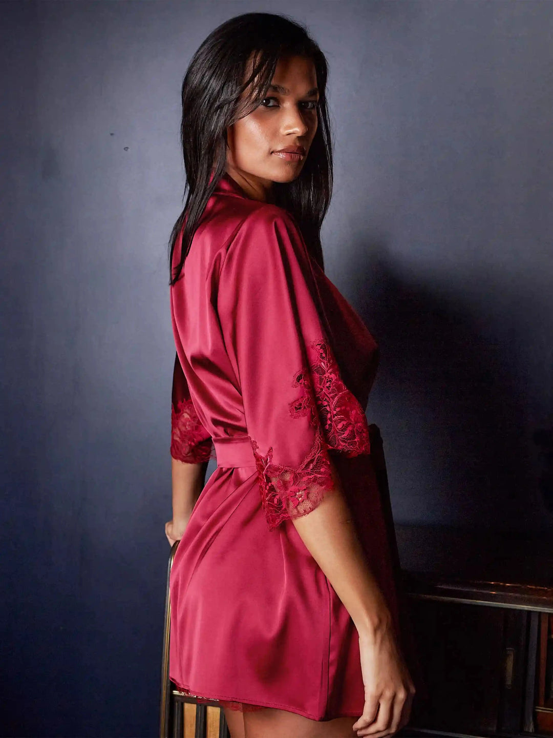 strapless open back dress Simone Red Silk and Lace Robe – Fleur of England