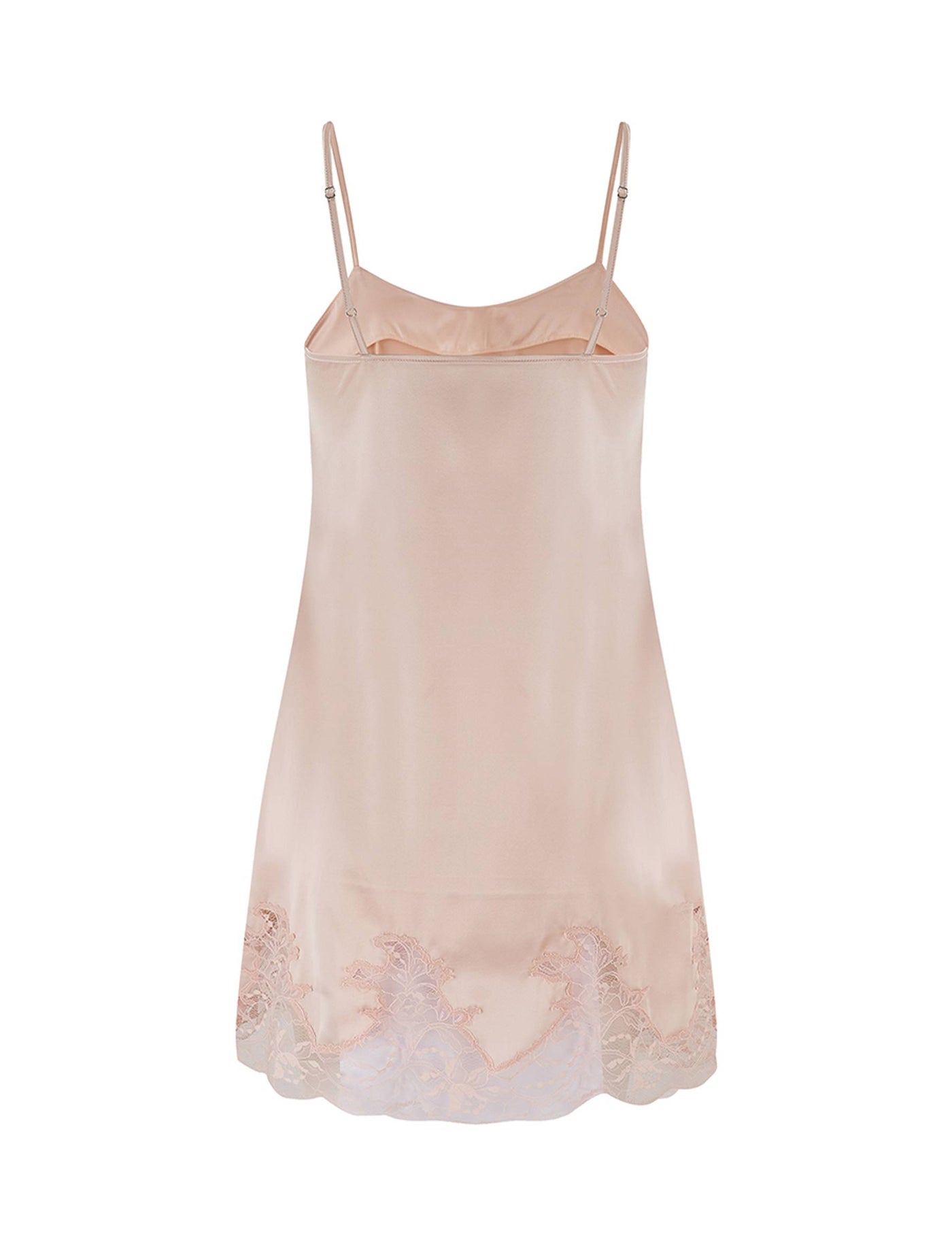 Back view of Luxury Satin Silk Blush Babydoll with intricate floral lace detailing by Fleur of England