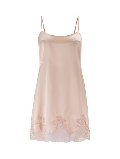 Front view of Luxury Blush Satin Silk Babydoll with intricate floral lace detailing by Fleur of England